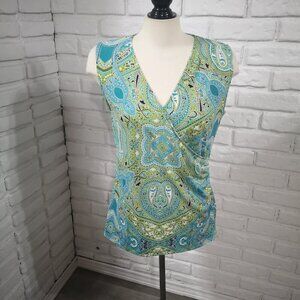 Jones New York Signature Ladies Size Large Green Teal White & Black Pattern Top